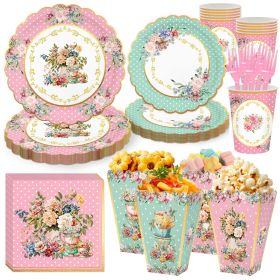 72 Pcs Tea Party Supplies Floral Party Dinnerware Serves 10 Disposable Tableware Supplies 10 Paper Tea Cups 20 Saucers Plates 20 Napkins and 12 P