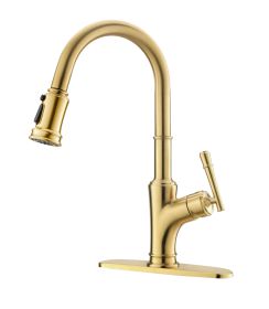 Gold Kitchen Faucet with Pull Down Sprayer - Brushed Gold Single Handle 1 Hole High Arc Copper Pull Out Kitchen Sink Faucets;  Champagne Copper (Color: Brushed Gold)