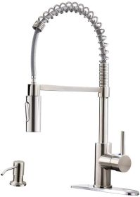 Commercial Kitchen Faucet Pull Down Sprayer with Soap Dispenser - Stainless Steel High Arc Tall Modern Single Handle Spring Kitchen Sink Faucet w (Color: Brushed Nickel)
