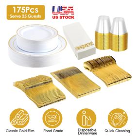 175Pcs Disposable Gold Dinnerware Set Gold Rim Plastic Plates Cups Fork Spoon Knife Paper Napkins for Party Wedding Graduation (Color: as picture)
